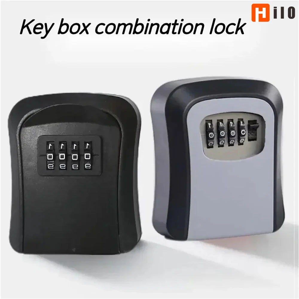 Two plastic wall-mounted key storage boxes with 4-digit mechanical combination locks, one black and one grey.