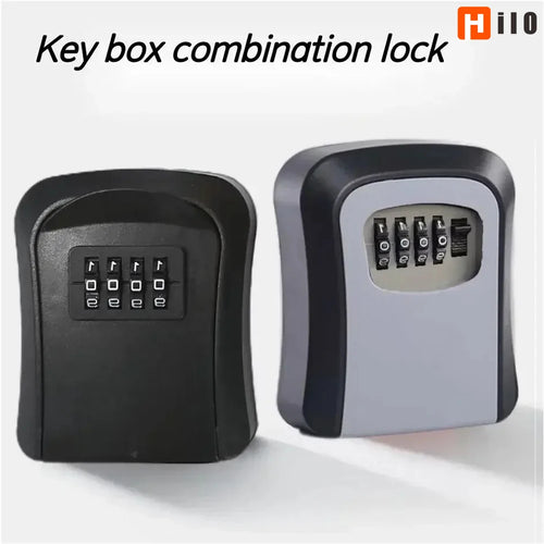 Two plastic wall-mounted key storage boxes with 4-digit mechanical combination locks, one black and one grey.