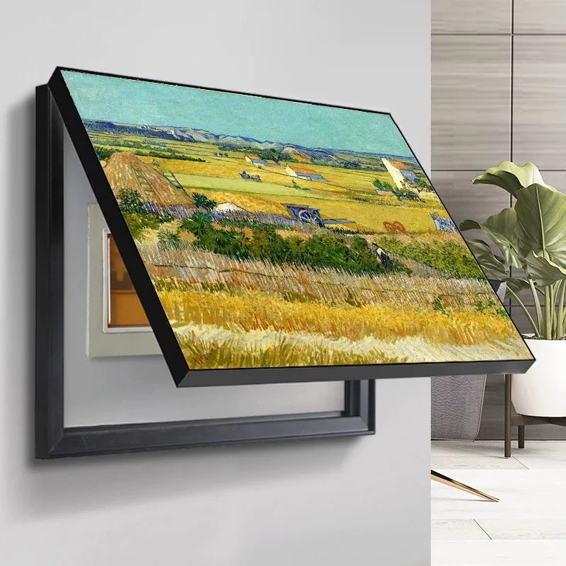 Modern black-framed meter box cover featuring a vibrant Van Gogh-style landscape painting, hinged for easy access.