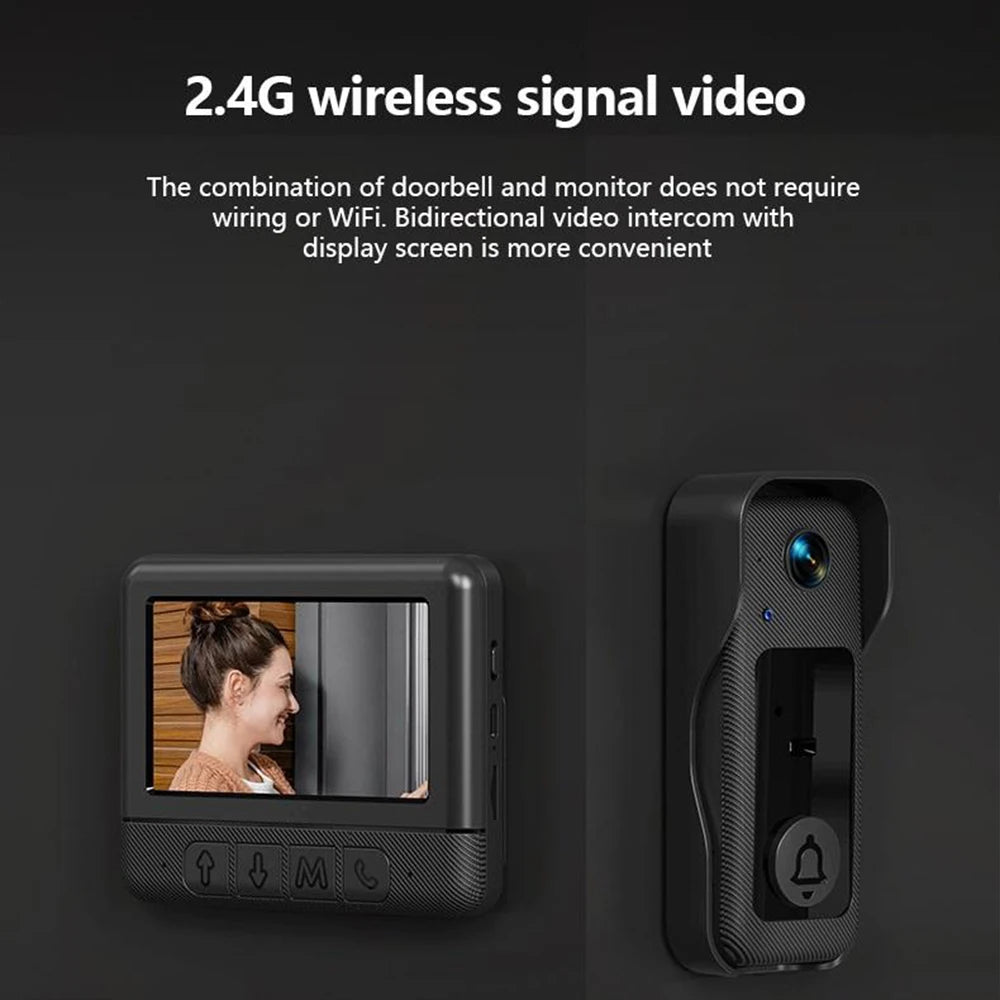 Black 4.3-inch wireless video doorbell set with internal monitor and external camera unit for two-way communication.