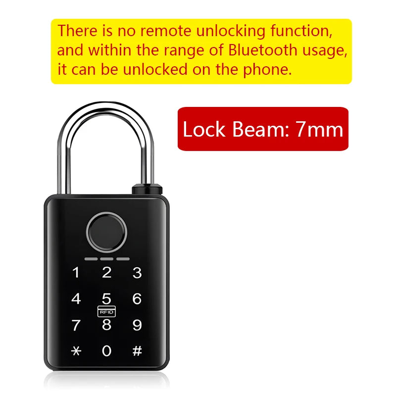 Black smart padlock with 7mm steel shackle, numeric keypad, fingerprint scanner, and Bluetooth connectivity.