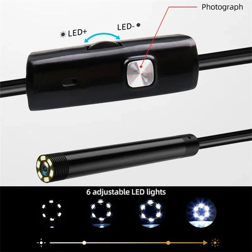 Black endoscope camera with a control unit featuring a photograph button and adjustable LED brightness dial.