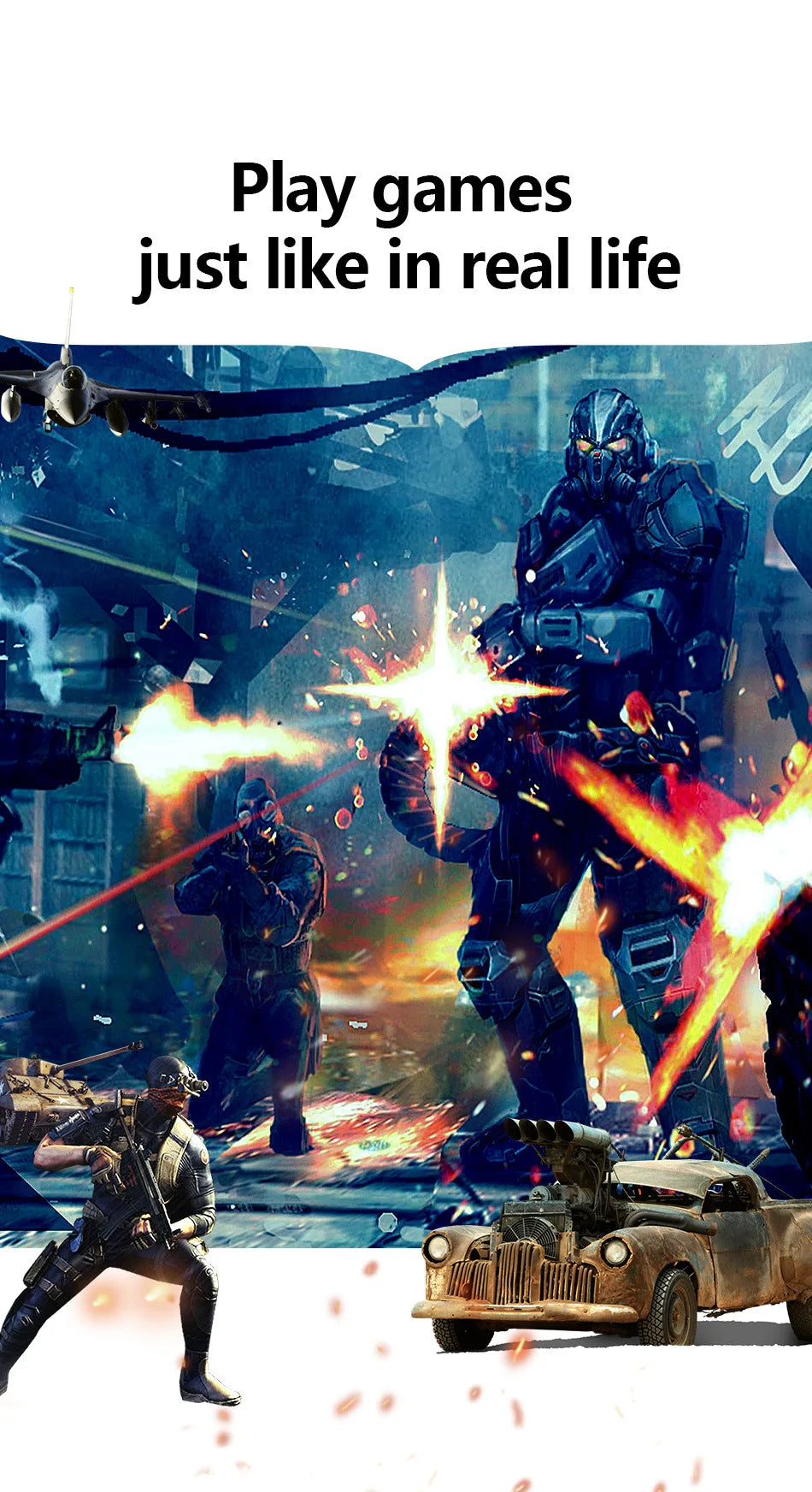Action-packed video game artwork featuring armored soldiers, combat vehicles, and explosions in a gritty, dark style.
