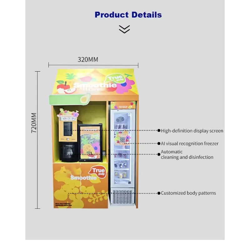 Yellow and orange automated smoothie vending machine with display screen, side freezer, and fruit graphics.