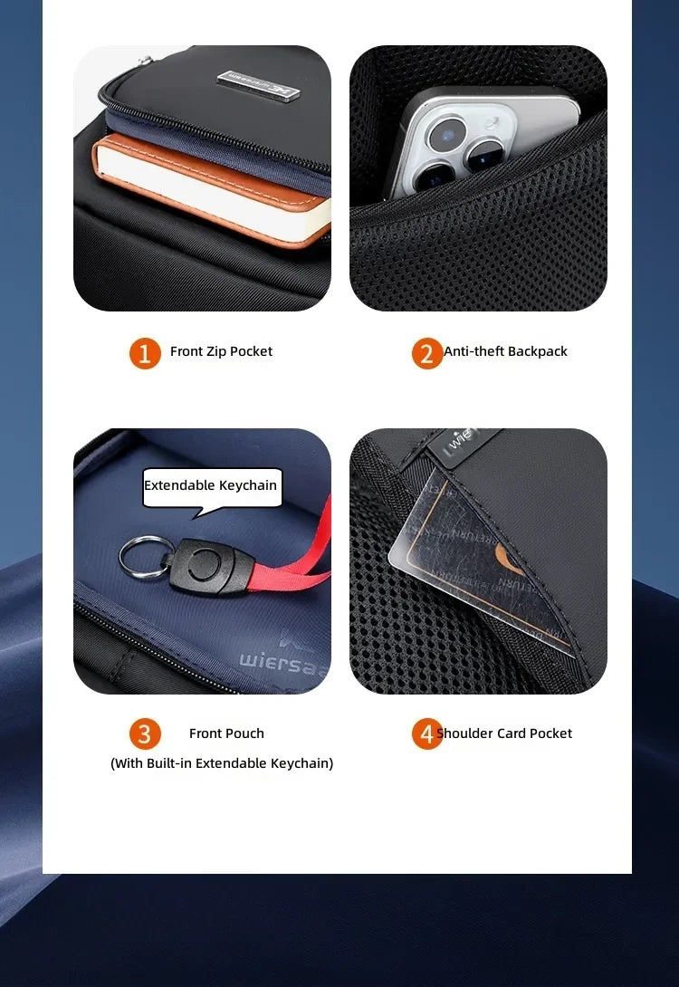 Black waterproof sling bag features: front zip pocket, hidden anti-theft storage, extendable keychain and card pocket.
