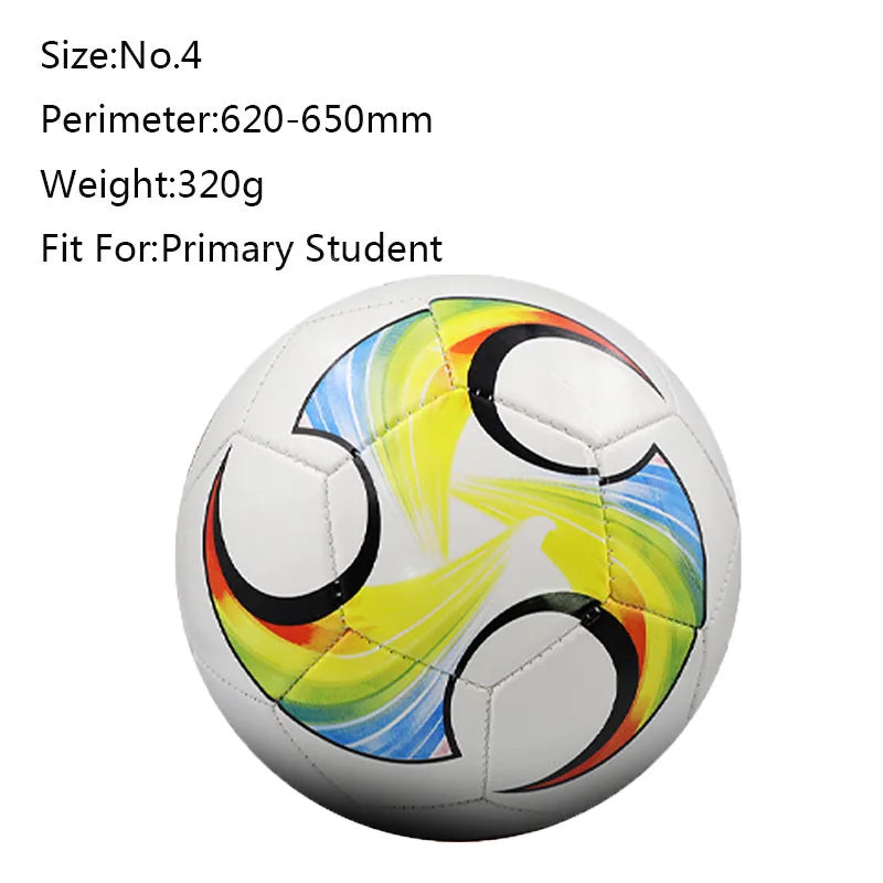 Size 4 white football for primary students, featuring a colourful rainbow wave pattern and black crescent accents.