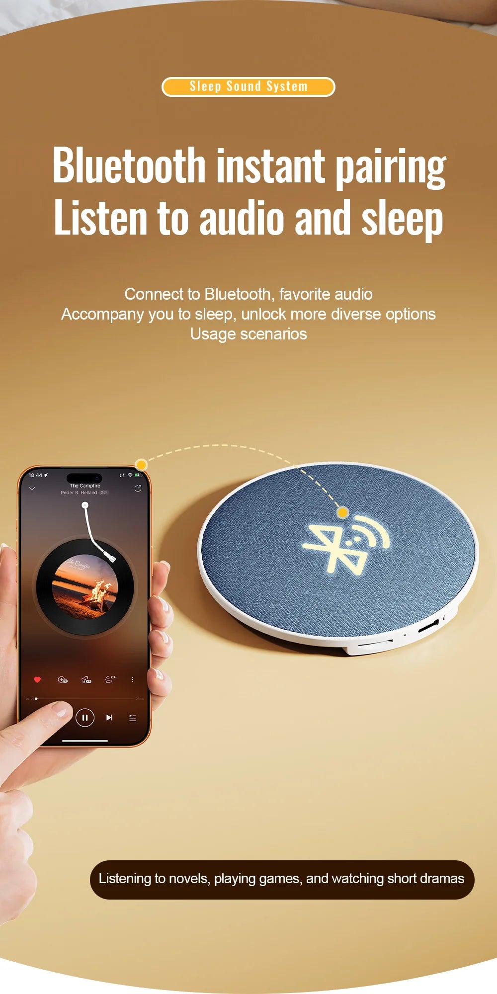 Blue, fabric-covered wireless Bluetooth pillow speaker on a tan background, paired with a smartphone displaying audio.