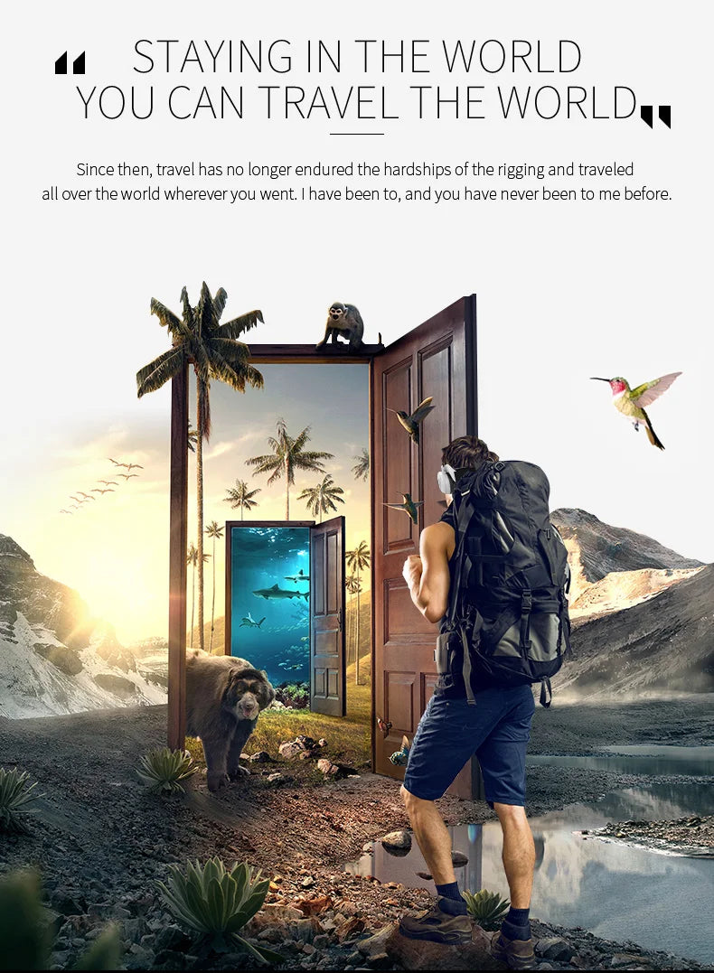 A backpacker wearing a sleek, white smartphone VR headset, standing before surreal open doors to diverse landscapes.