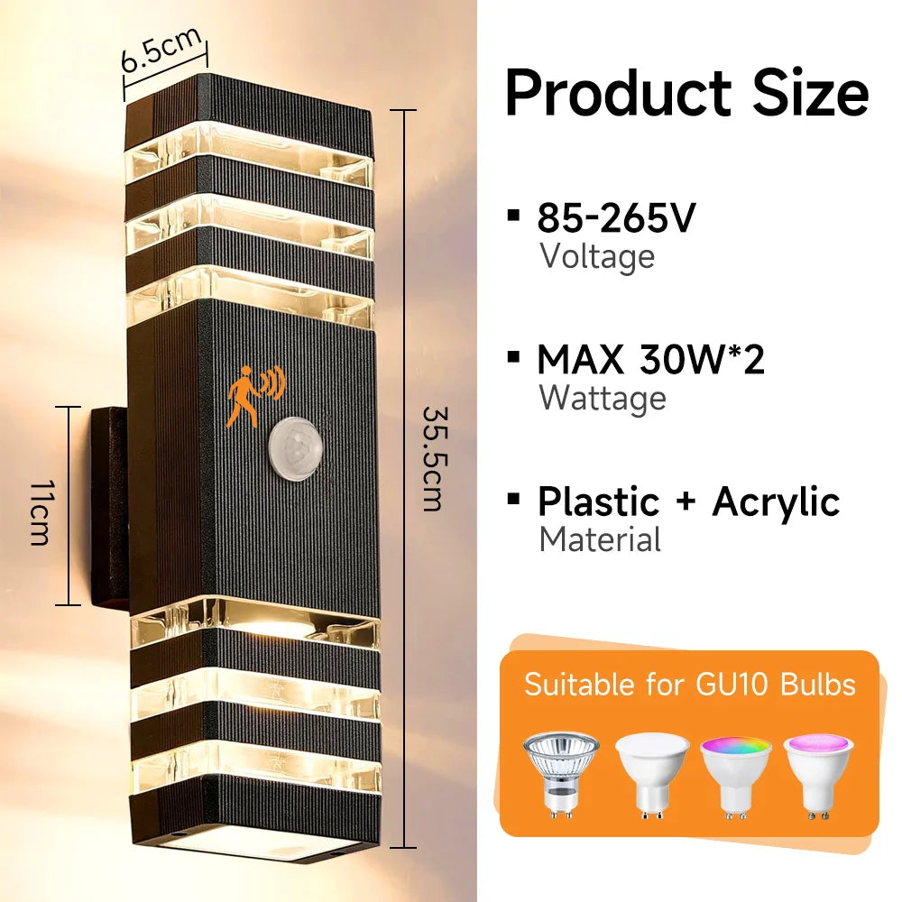 Black rectangular outdoor LED wall light with motion sensor and acrylic accents, featuring GU10 bulb compatibility.