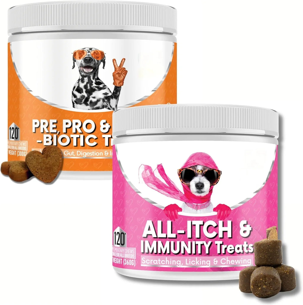 Two tubs of dog treats: one orange for gut health and one pink for immunity, with 120 chews per tub.