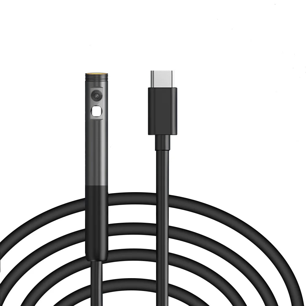 Grey industrial inspection camera with LED light and USB-C connector on a coiled black cable.