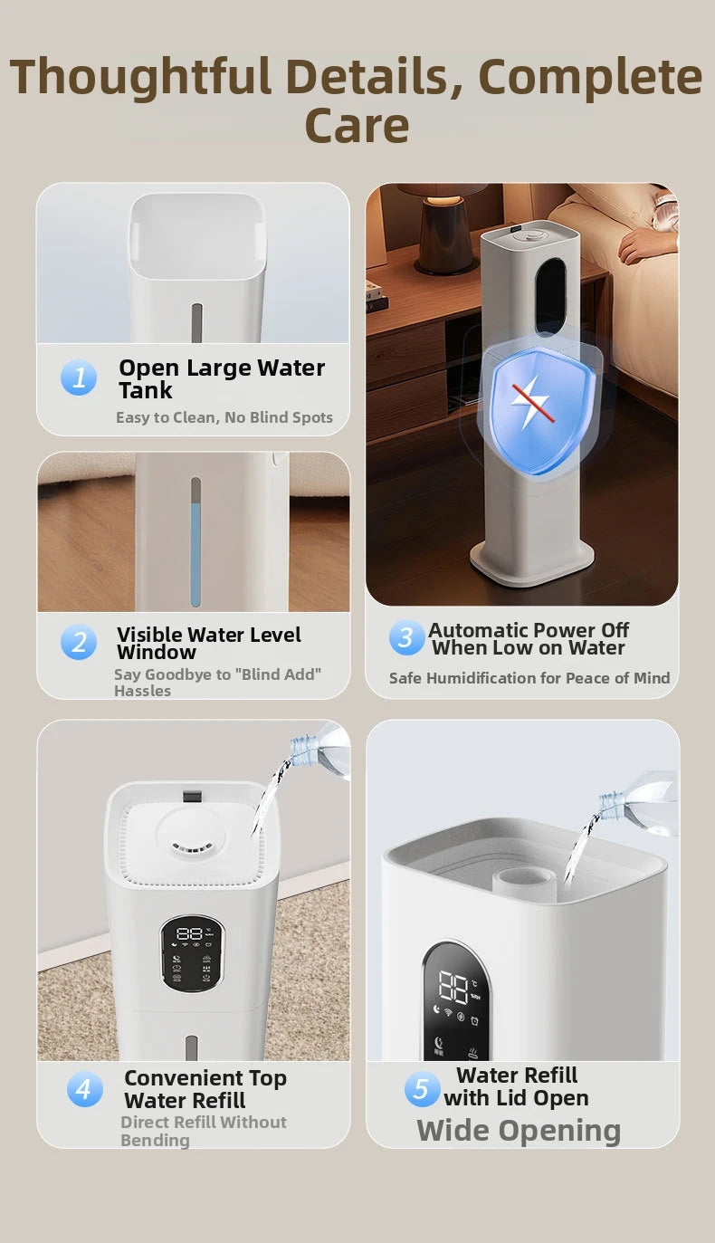 A white, slim tower humidifier with a top-fill tank, water level window, digital display, and auto-shutoff safety.