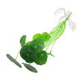Artificial green lotus leaves on stems with white plastic roots against a white background.