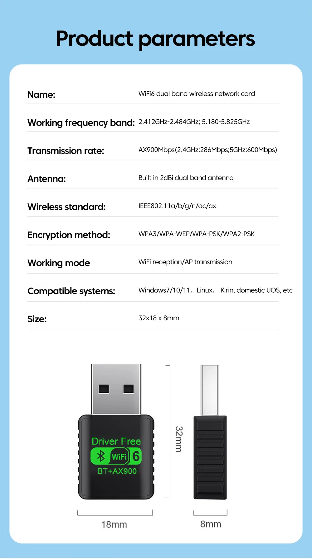 Compact black USB WiFi 6 adapter with Bluetooth, featuring a slim design and technical specifications list.