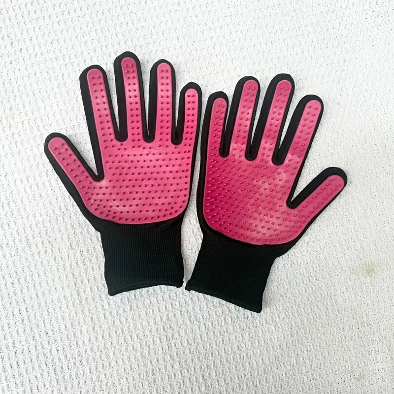 Pair of black pet grooming gloves with pink rubber studded palms for removing shedding hair.