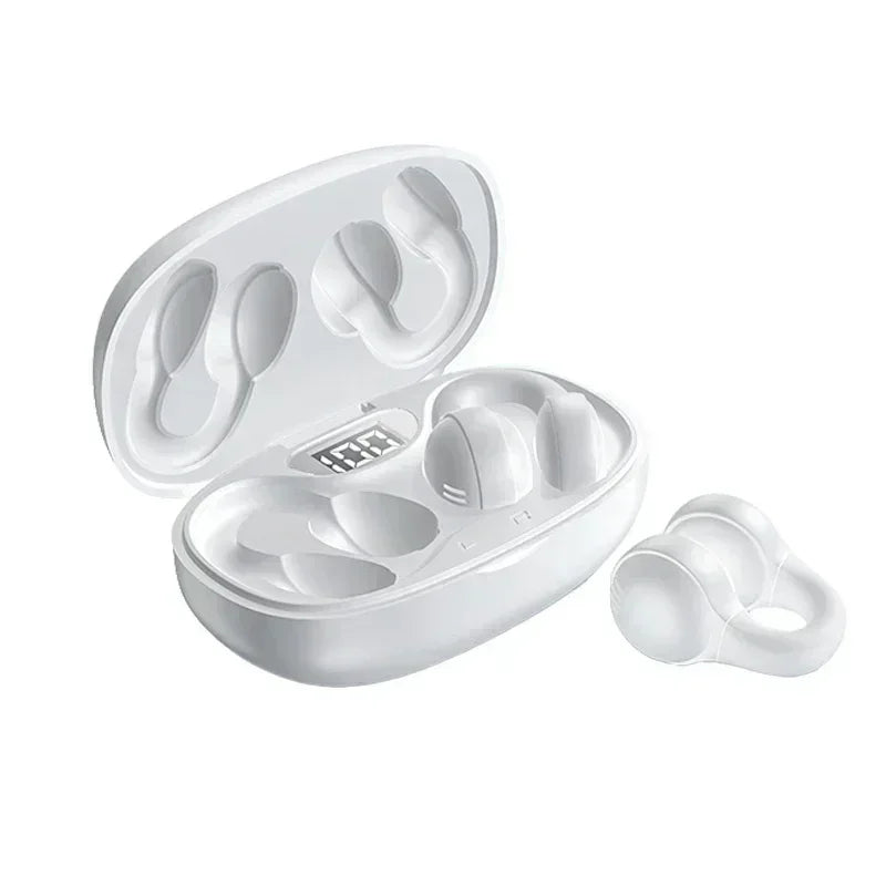 White wireless ear clips with a rounded charging case, featuring a digital battery display inside.