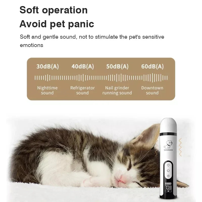 White and black electric pet nail grinder with LED light and digital display, shown next to a sleeping kitten.