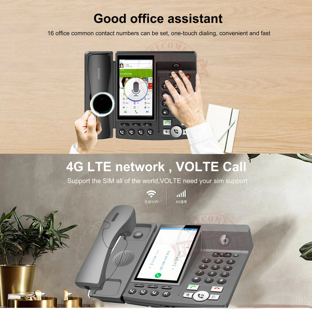 Black office desk phone with touchscreen, keypad, 4G LTE and Wi-Fi connectivity, and one-touch dialing feature.