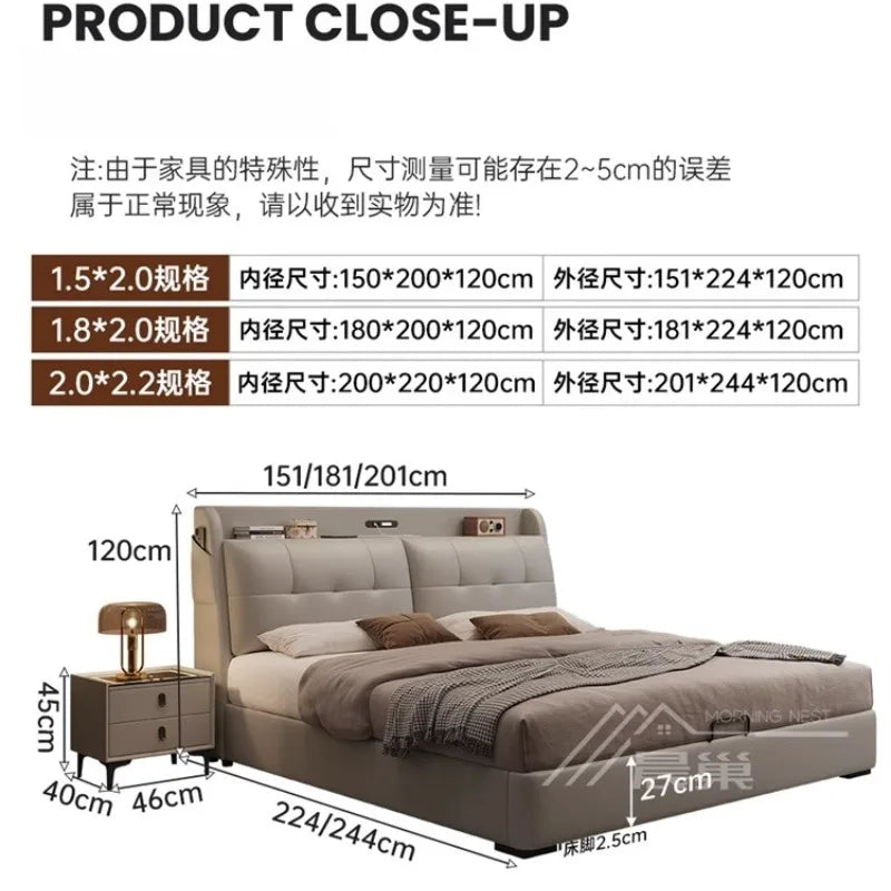 Modern cream upholstered storage bed with a tufted headboard featuring built-in shelf and charging ports.