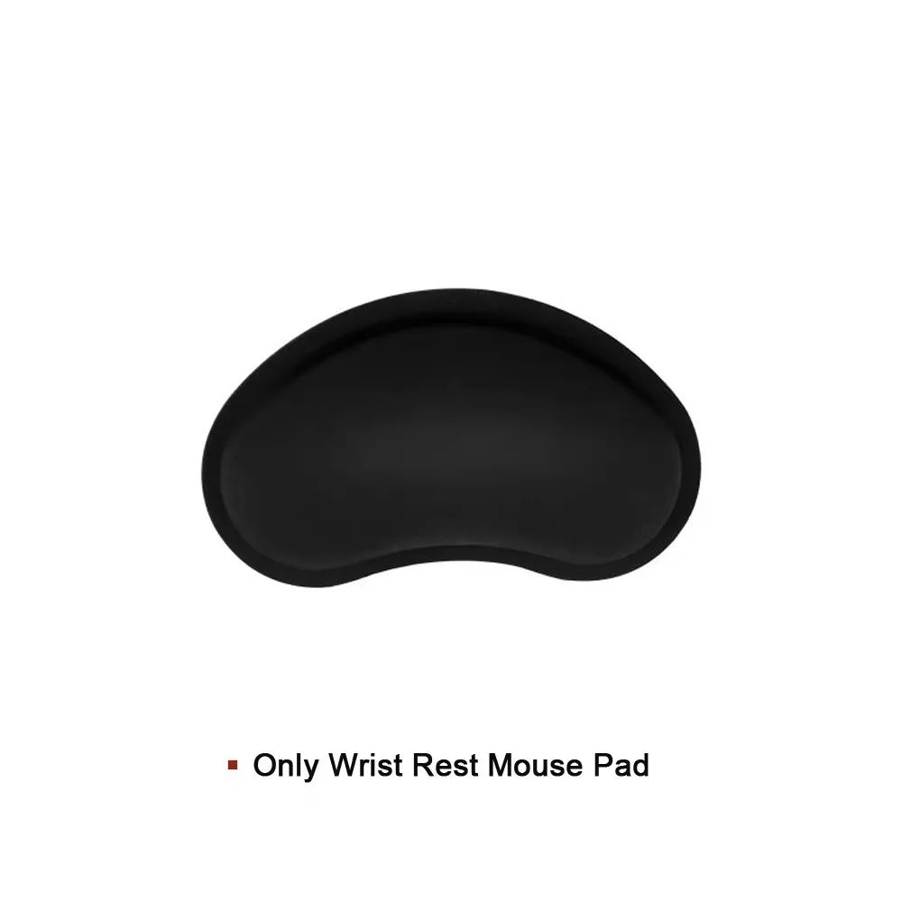 Black kidney-shaped silicone wrist rest mouse pad for ergonomic support.