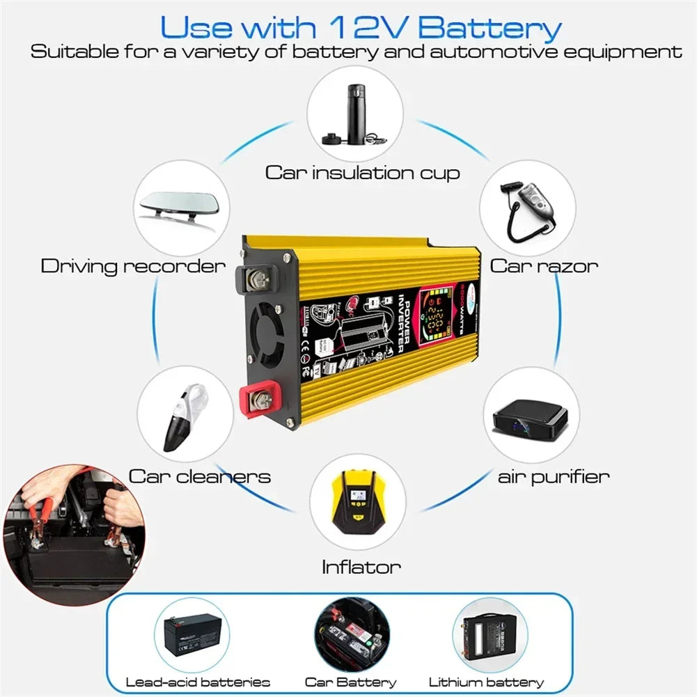 Bright yellow 6000W car power inverter with digital display, showing compatibility with various 12V devices and batteries.