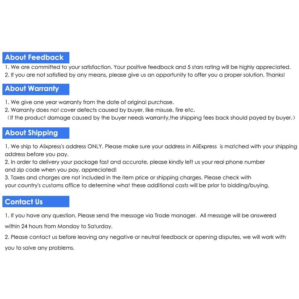 White document with blue headers outlining customer service, shipping, warranty, and feedback policies.