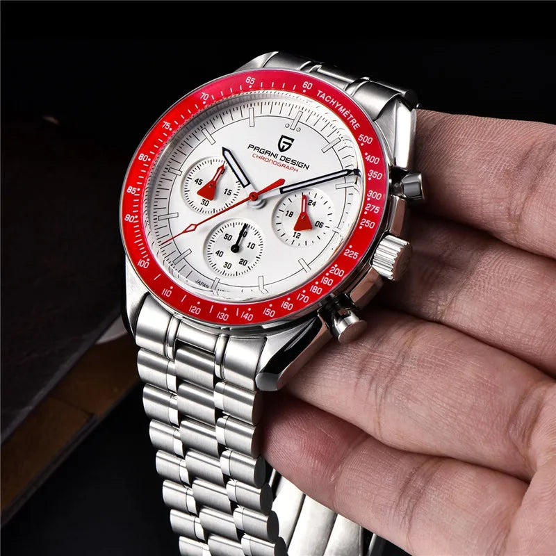 Silver stainless steel chronograph watch with a white dial, red bezel, and three sub-dials, held in a hand.