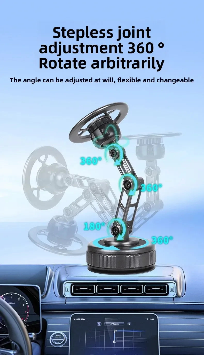 Black, adjustable car phone mount with a multi-jointed, flexible arm on a circular base.