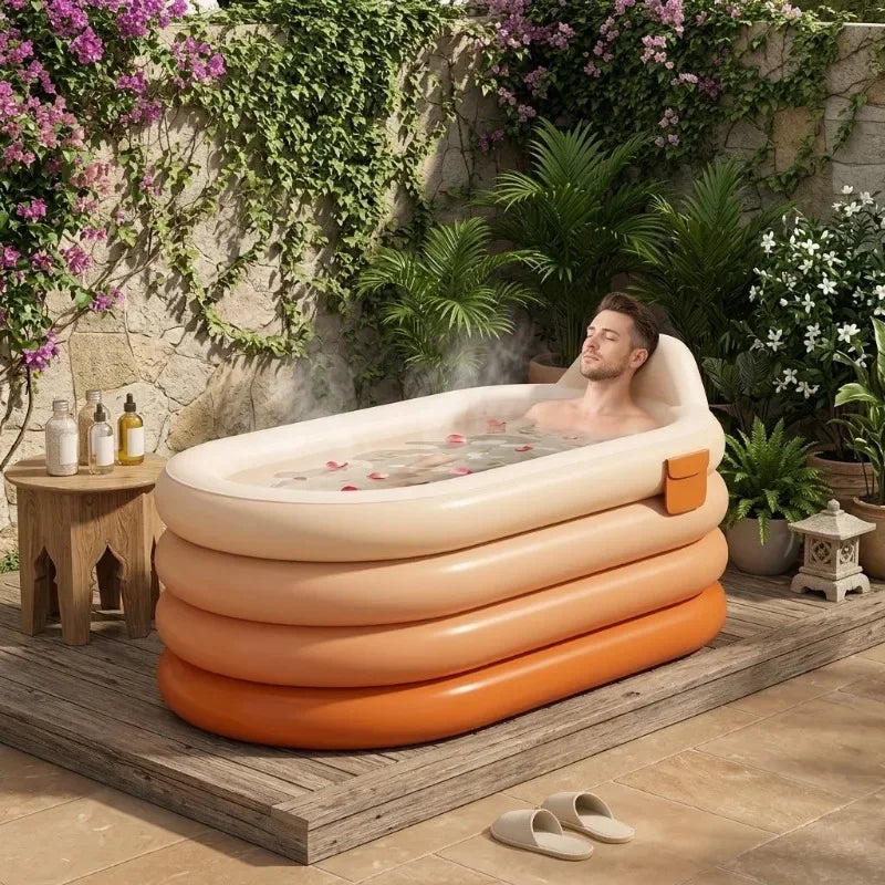A man relaxes in an inflatable, ombre-colored bathtub on a wooden deck surrounded by potted plants and stone walls.