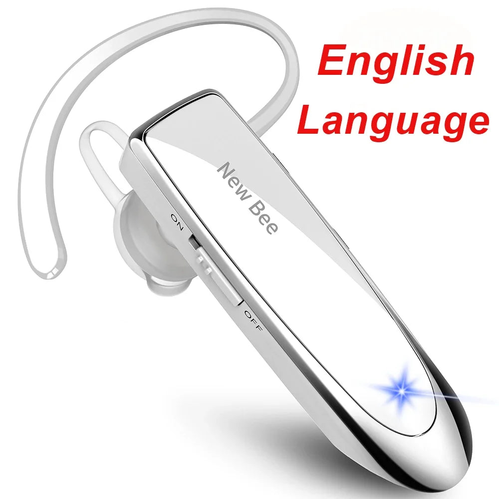 Sleek silver wireless Bluetooth headset with a clear ear hook, silicone earbud, and side power switch.