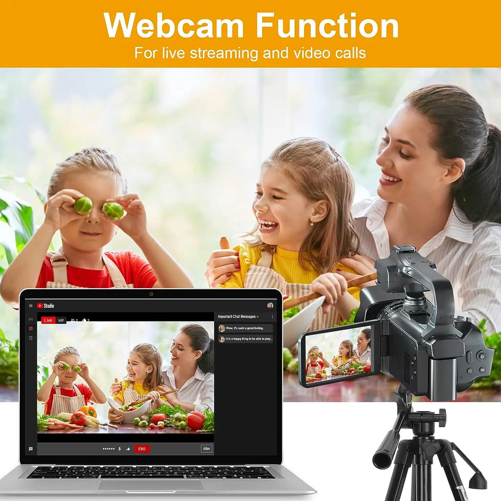 Black digital camcorder on a tripod, featuring a flip-out screen, connected to a laptop for live streaming.