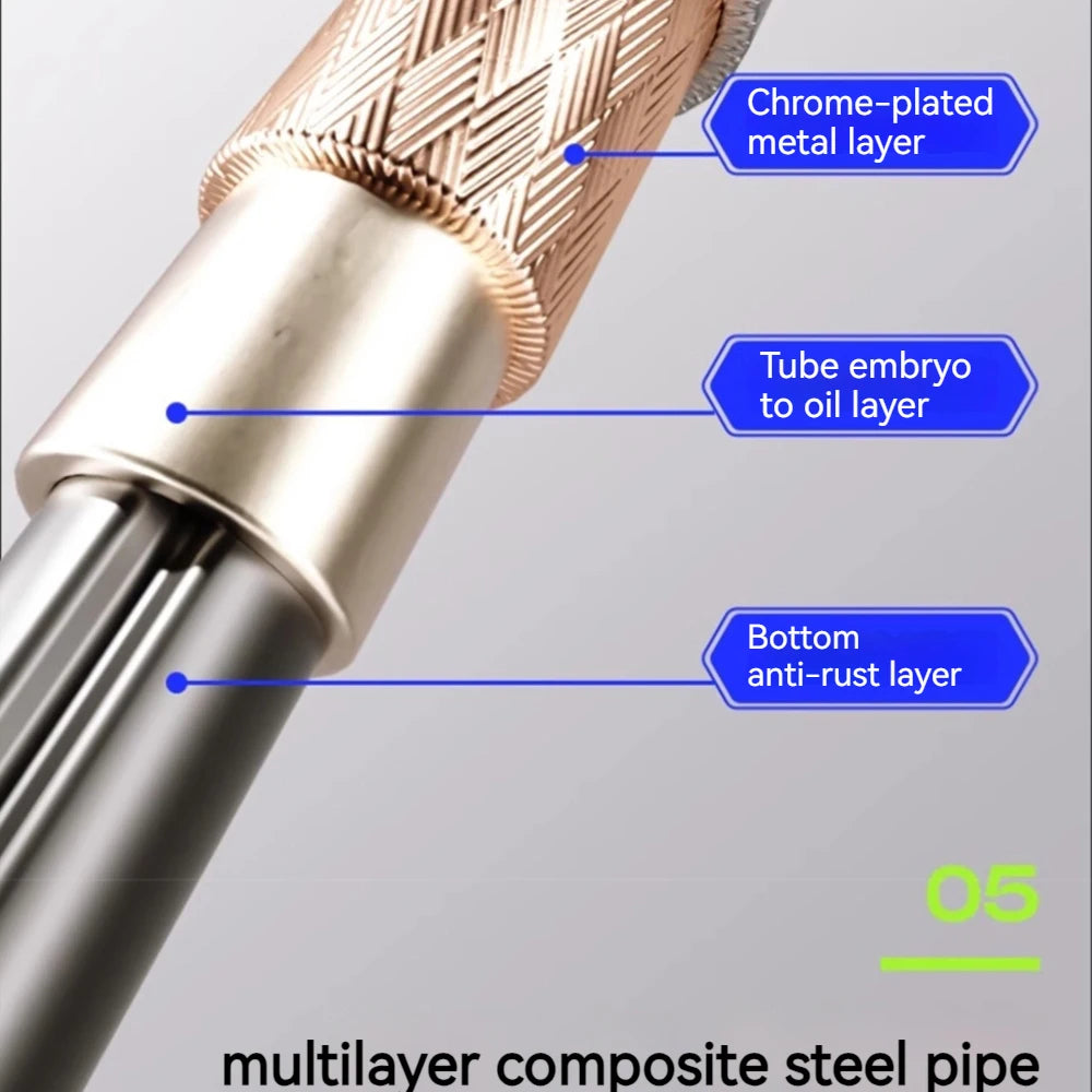 A close-up diagram of a multilayer composite steel pipe in gold and silver, showing its anti-rust construction layers.