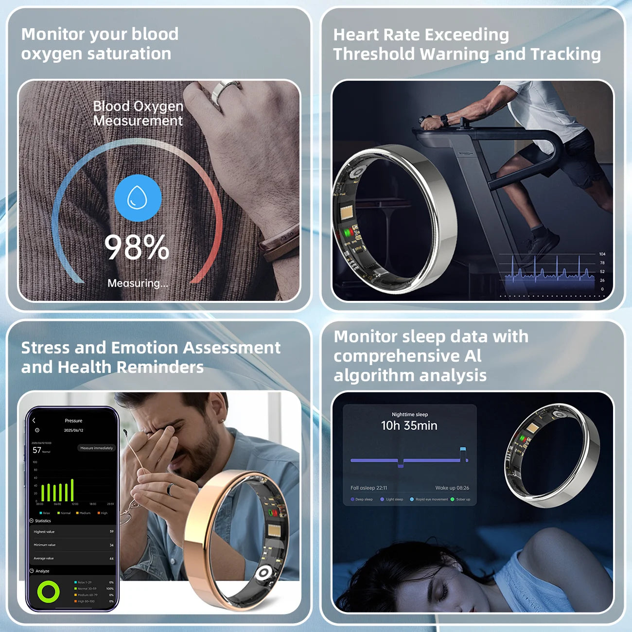 A sleek, silver smart health ring measuring blood oxygen, heart rate, stress, and sleep data via a mobile app.