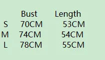 Size guide table showing bust and length measurements in cm for sizes S, M, and L on a light green background.