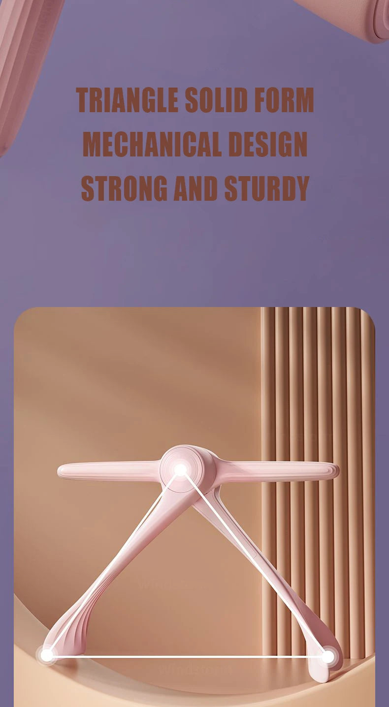 A sturdy, pale pink multifunctional arm trainer featuring a triangular mechanical design for yoga and fitness.