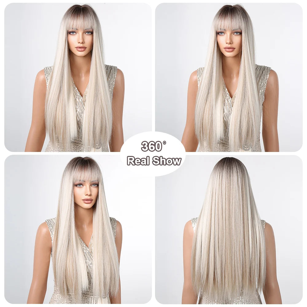 Long straight silver and blonde highlighted synthetic wig with bangs on a mannequin.