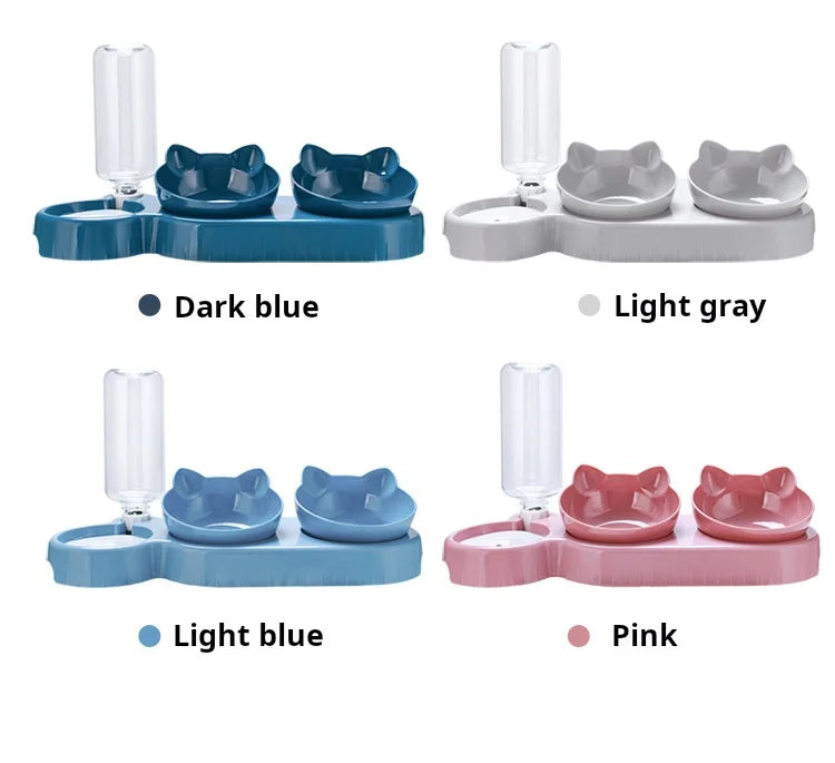Four 3-in-1 cat-shaped pet feeding stations with gravity water dispensers in dark blue, light grey, light blue, and pink.