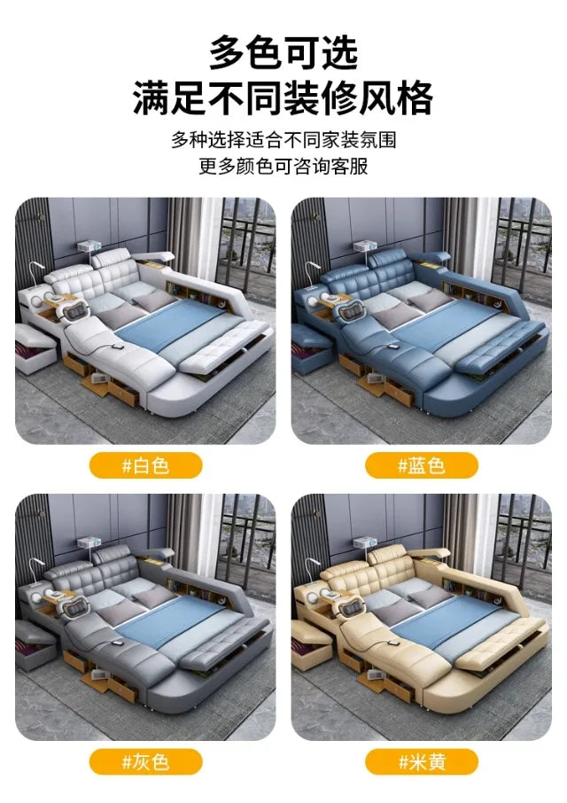 Luxury leather bed frame with built-in storage, side tables, and massage headrest in white, blue, grey, and cream.