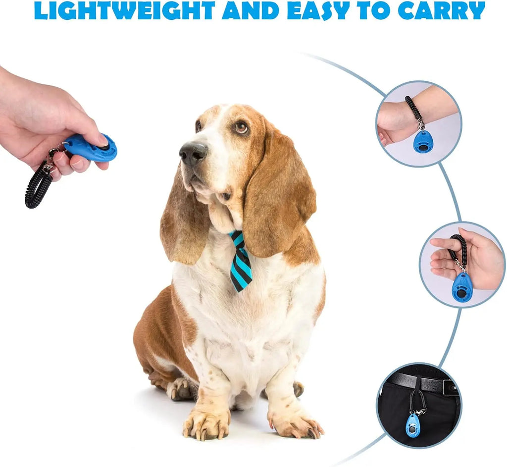 Blue handheld dog training clicker with a black coiled wrist strap, shown being used with a Basset Hound.