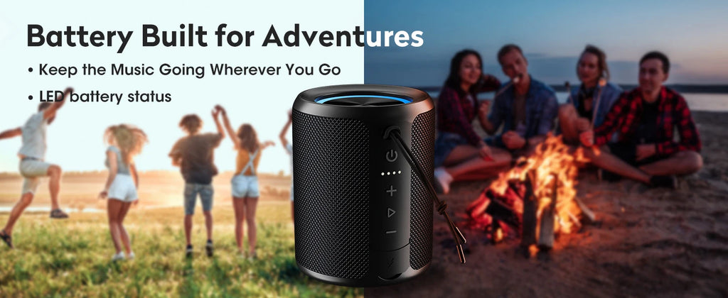 Portable black cylindrical Bluetooth speaker with a blue LED ring, carry cord, and front control buttons.