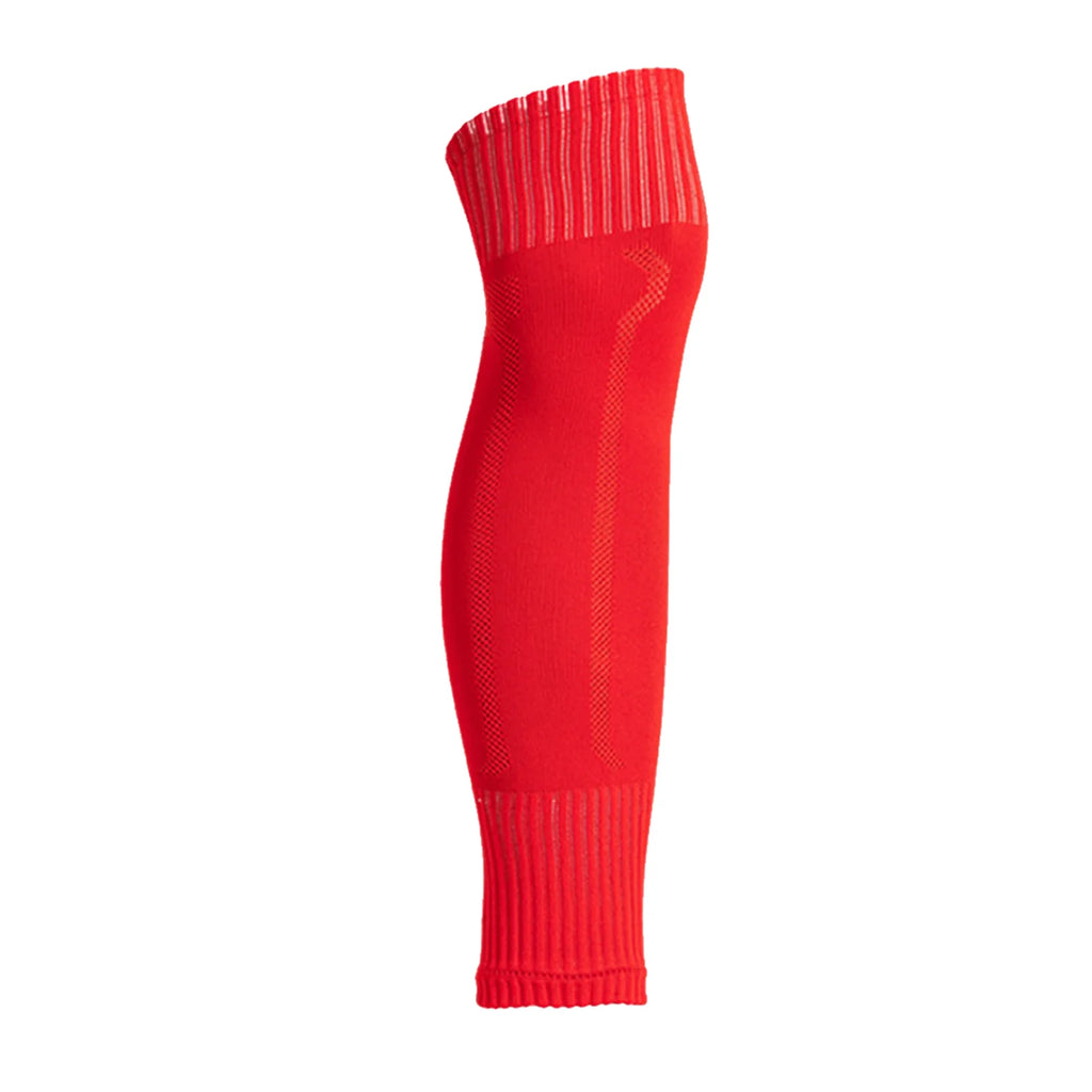 Bright red sports compression leg sleeve with ribbed cuffs and breathable knit panels for athletic support.
