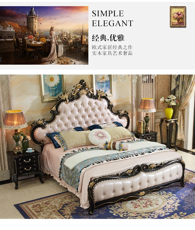 A luxurious, ornate double bed with a cream-coloured, button-tufted padded headboard and black and gold frame.