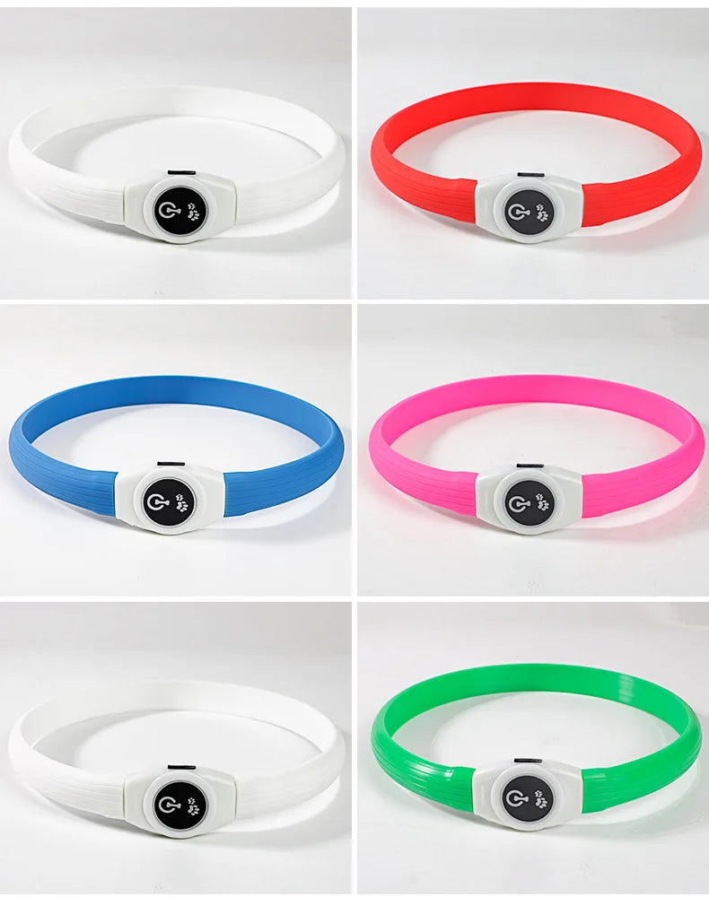 Set of six waterproof, LED-illuminated silicone dog collars in various colours, each with a power button housing.