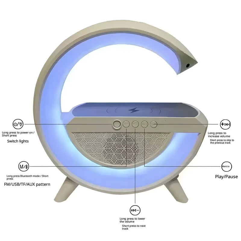 Cream G-shaped smart alarm clock with an LED night light, built-in speaker and wireless charging pad.
