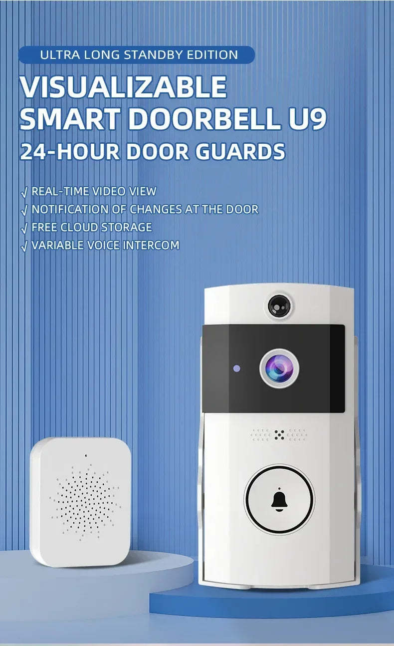 White wireless smart video doorbell with camera, night vision, and matching indoor chime on a blue background.