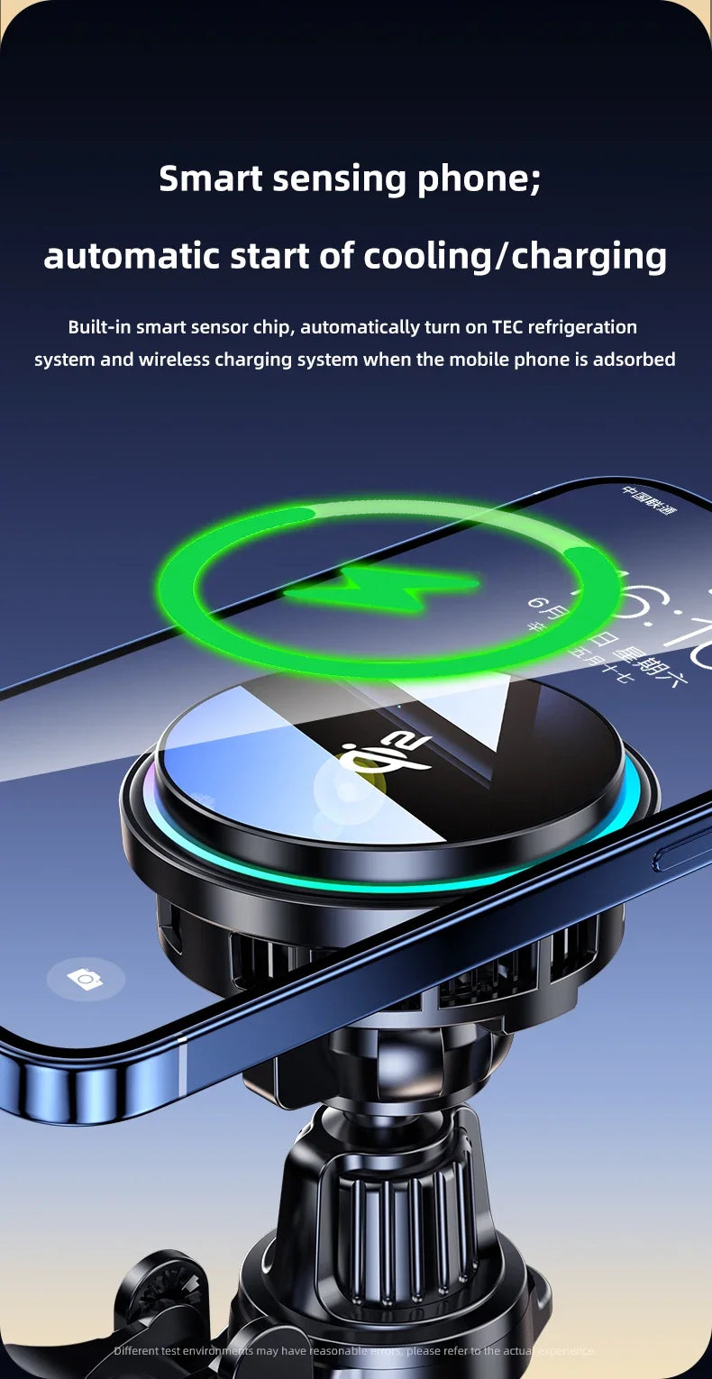 Black circular car phone mount with integrated cooling fan, magnetic wireless charging, and glowing green LED indicator.