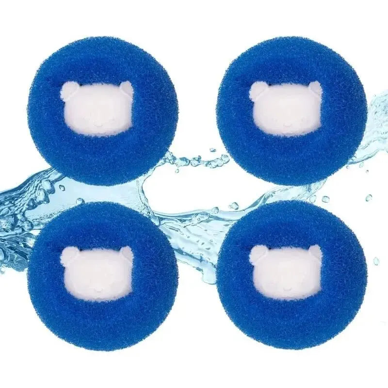 Four blue, circular sponges with white bear-shaped centres, displayed against a splash of water.