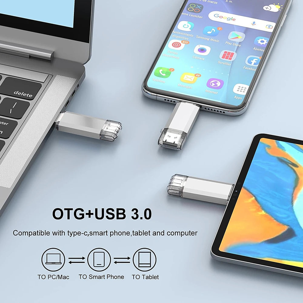 Silver 512GB USB 3.0 flash drive with dual connectors, shown plugged into a laptop, smartphone, and tablet.