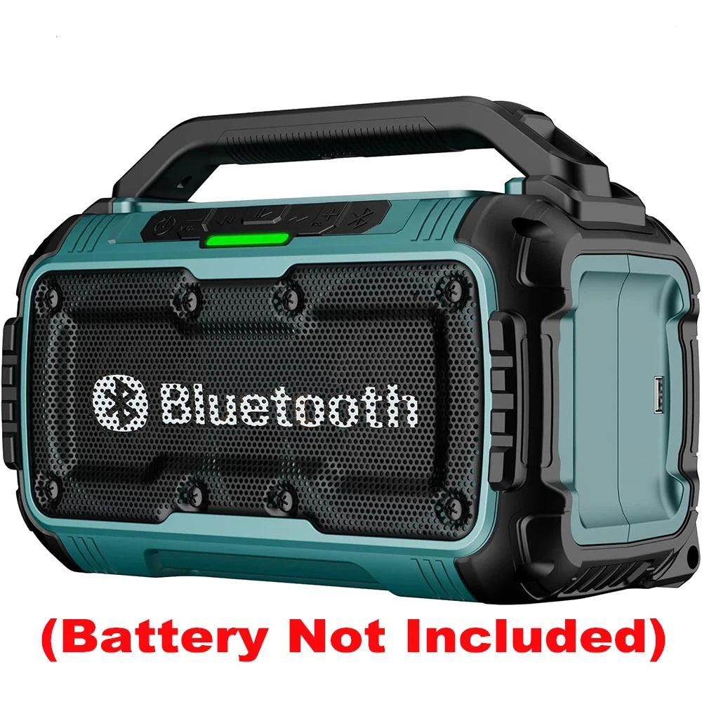 Rugged teal and black portable Bluetooth speaker with a sturdy top handle and top-mounted control buttons.