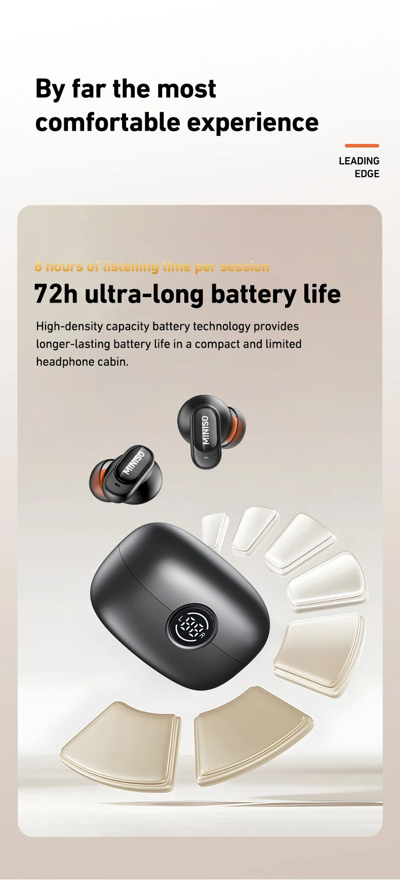 Black wireless earbuds with a compact charging case featuring a digital battery display.